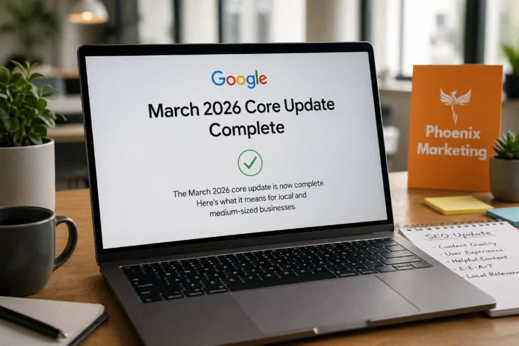 Laptop displaying Google March 2026 core update completion message.