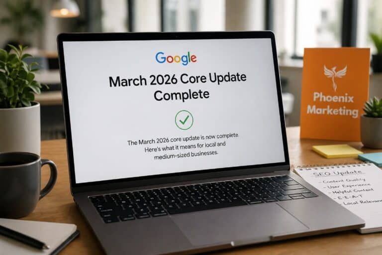 Laptop displaying Google March 2026 core update completion message.