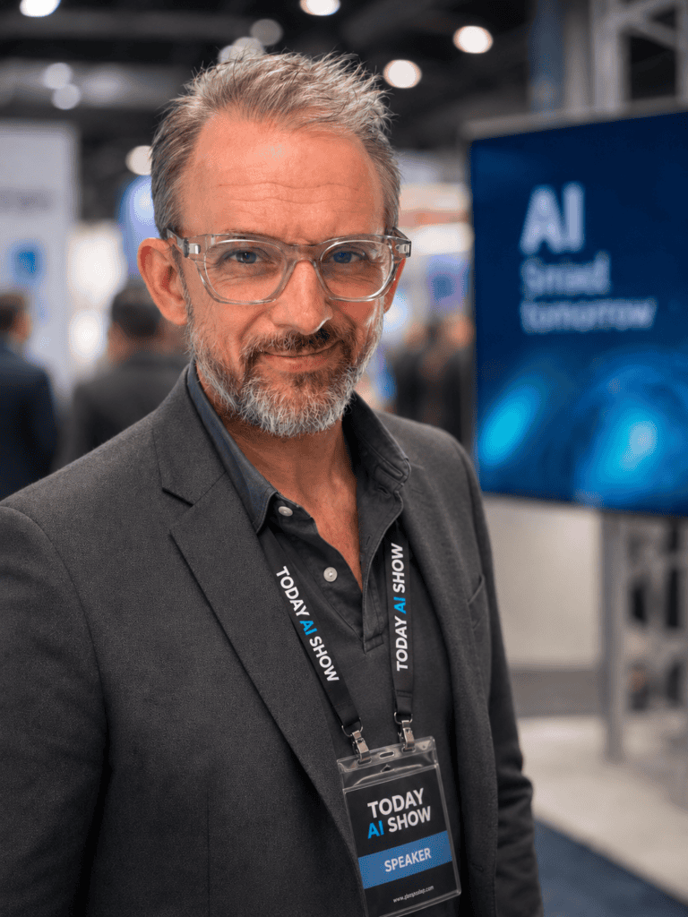AI specialist wearing glasses and a conference badge at an AI event.