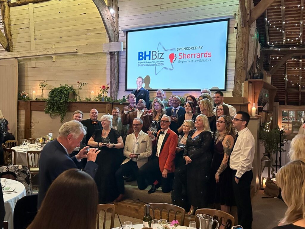 BHBiz26 award winners on stage at Pangdean Barn, including Phoenix Media Marketing, Shooting Star winners