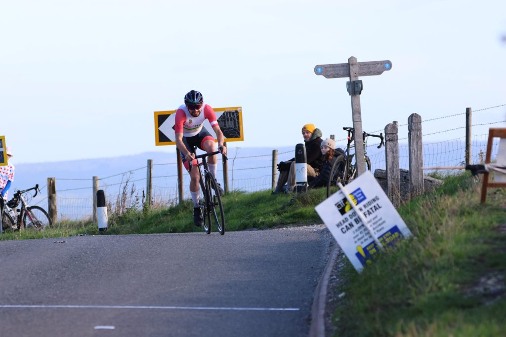 Matthew Ferguson in Redhill kit climbing Ditchling Beacon during the South Downs Hill Climb Series